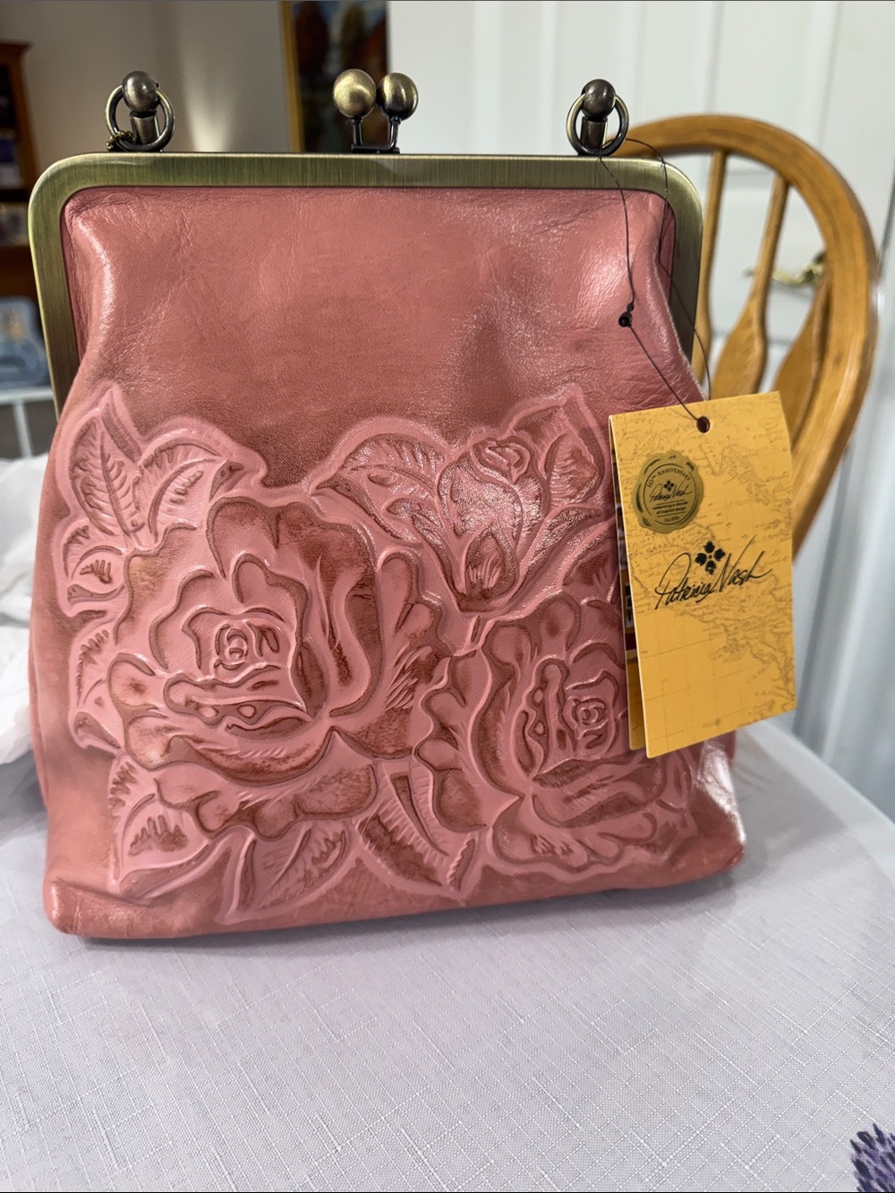 Patricia Nash Blush Pink Floral Embossed Leather Frame Clutch